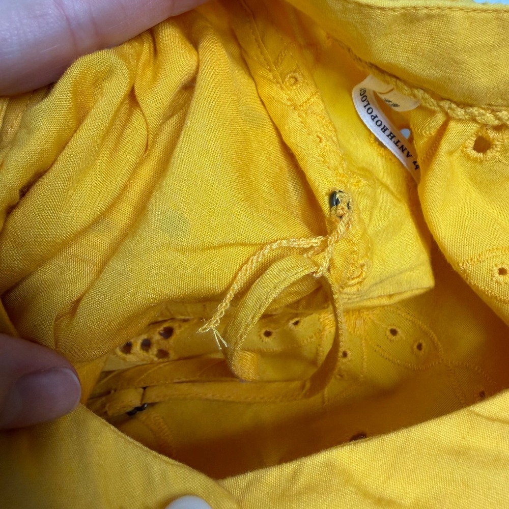 Anthropologie Yellow Eyelet Lace Tiered Midi Dress Puff Sleeve Button Front M - Picture 7 of 10